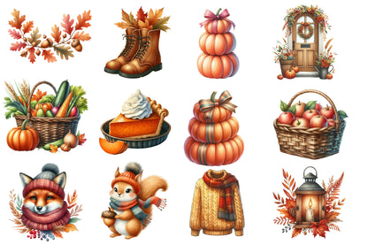 Cozy Fall Autumn Watercolor Clipart PNG Bundle | Fall Clipart, Thanksgiving PNG