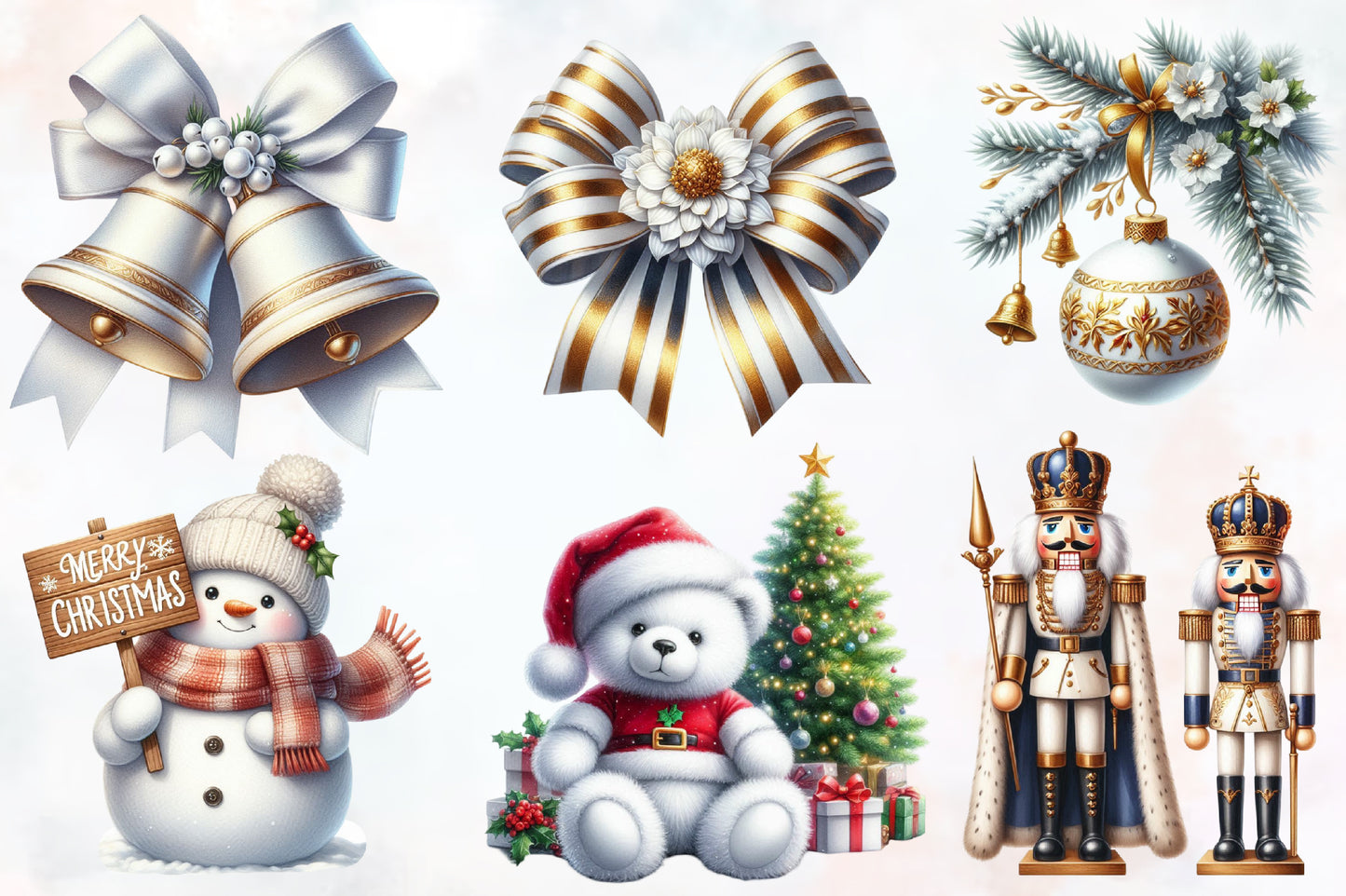 Cozy White Christmas Clipart PNG Bundle | Elegant Winter Christmas, Snowman, Sleigh, Santa, Wreath & Gold Holiday Designs