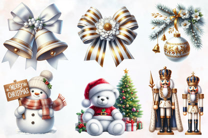 Cozy White Christmas Clipart PNG Bundle | Elegant Winter Christmas, Snowman, Sleigh, Santa, Wreath & Gold Holiday Designs