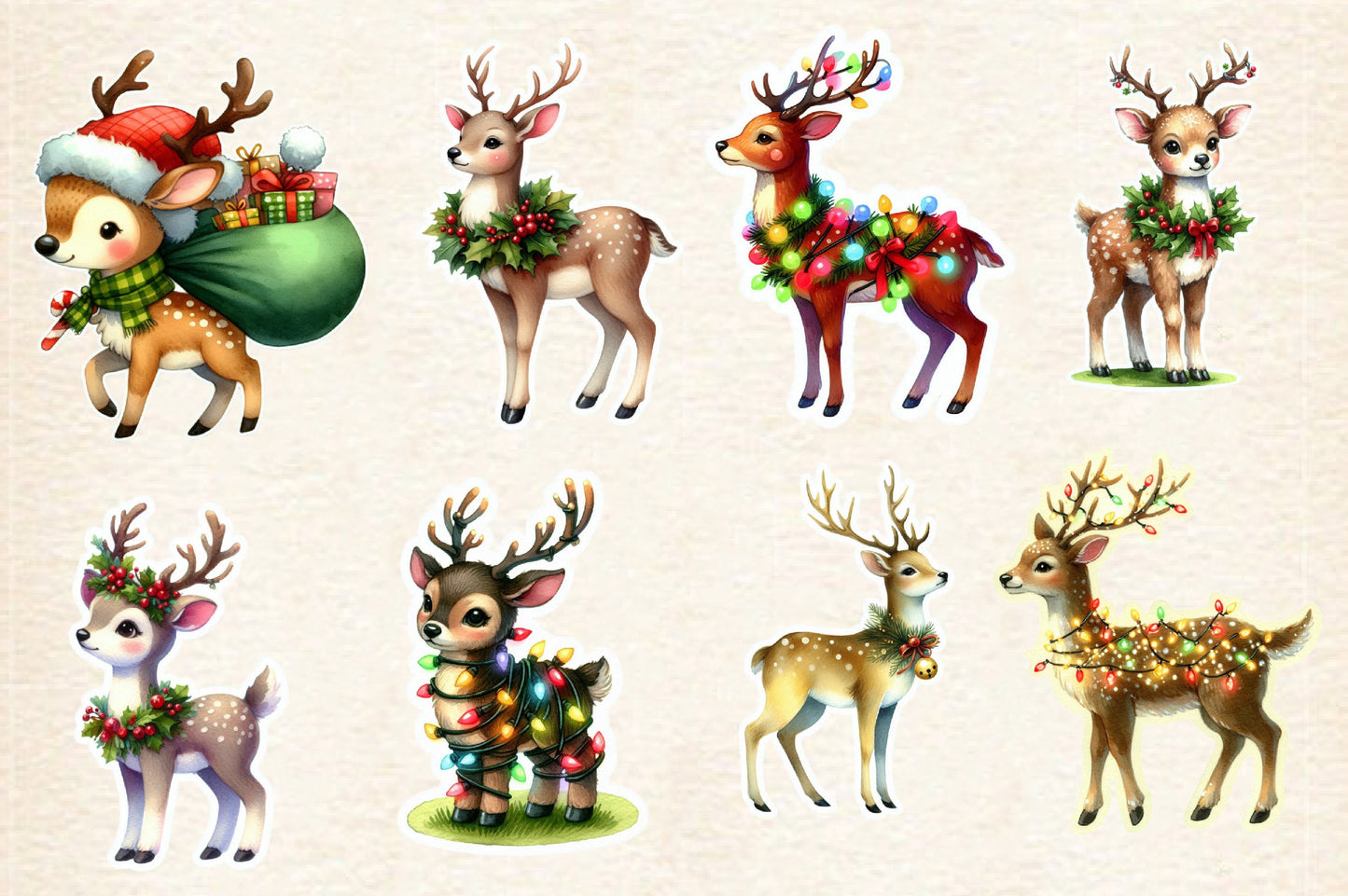 Christmas Deer Sticker Clipart PNG Bundle | Watercolor Cute Christmas Deer Stickers | Holiday Reindeer Sublimation PNG