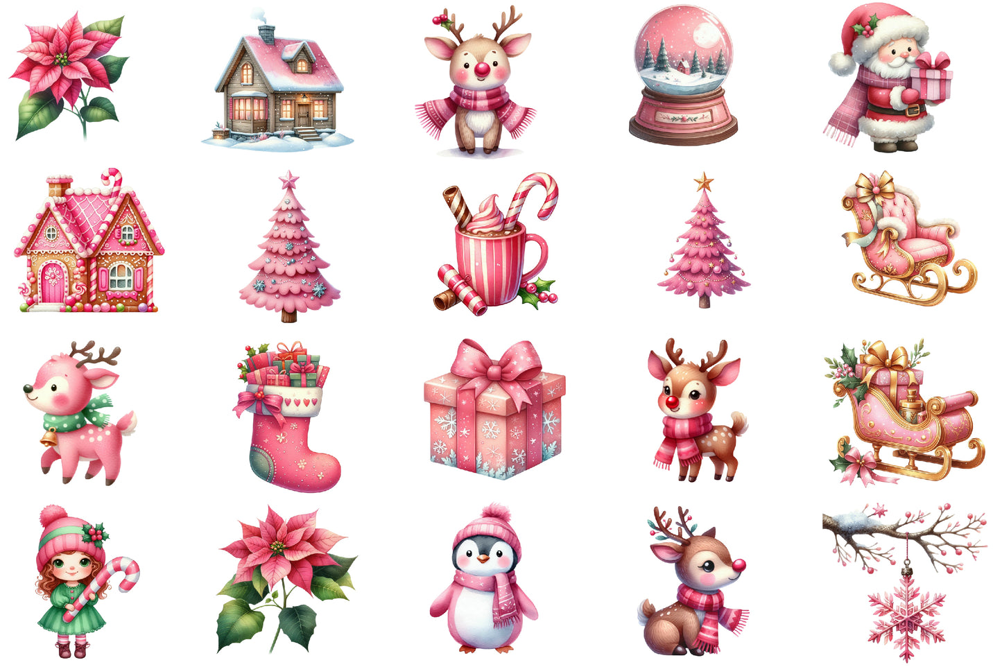 Pink Sweet Christmas Watercolor Clipart PNG Bundle | Cute Pink Christmas Clipart | Pink Holiday Sublimation PNG