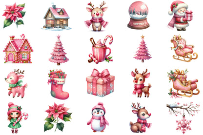 Pink Sweet Christmas Watercolor Clipart PNG Bundle | Cute Pink Christmas Clipart | Pink Holiday Sublimation PNG