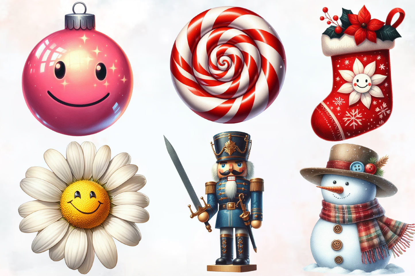 Christmas Clipart PNG Bundle | Watercolor Christmas Ornaments, Stocking, Candy Cane, Snowman, Gift Box & Holiday Elements