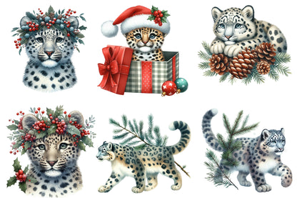 Christmas Leopard Clipart PNG Bundle | Watercolor Cute Christmas Leopard Clipart | Festive Wild Cat Sublimation PNG