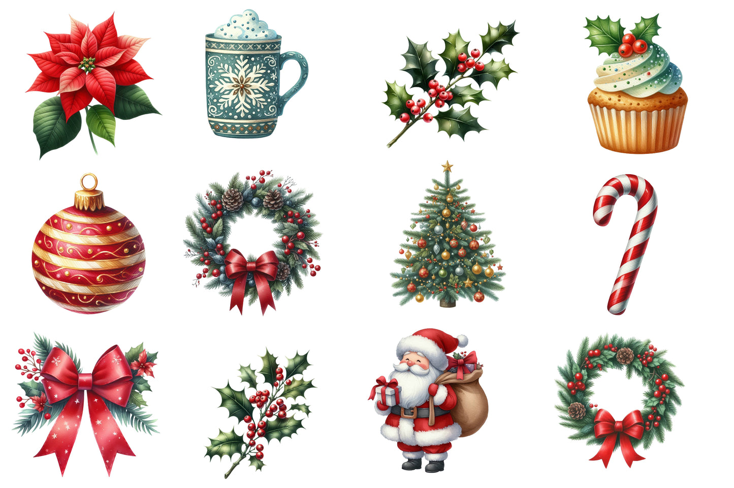 Christmas Watercolor Clipart PNG Bundle | Holidays Christmas Clipart | Festive Holiday Watercolor Sublimation PNG