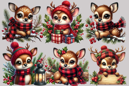 Watercolor Christmas Winter Deer Clipart PNG Bundle | Cute Reindeer Deer Holiday Designs