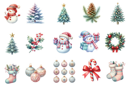 Merry Christmas Clipart PNG Bundle | Christmas Watercolor Clipart | Winter Christmas Trees & Holiday Elements