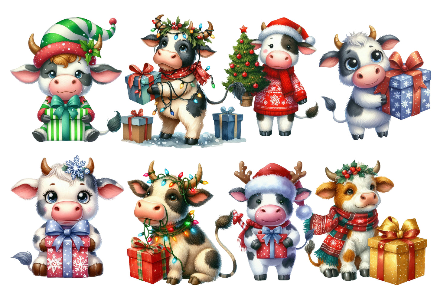 Christmas Funny Cow Clipart PNG Bundle | Watercolor Cute Funny Christmas Cow Clipart | Farmhouse Holiday Sublimation PNG
