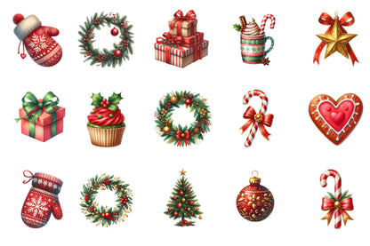 Happy Christmas Watercolor Clipart PNG Bundle | Cute Christmas Holiday Clipart | Festive Christmas Sublimation PNG