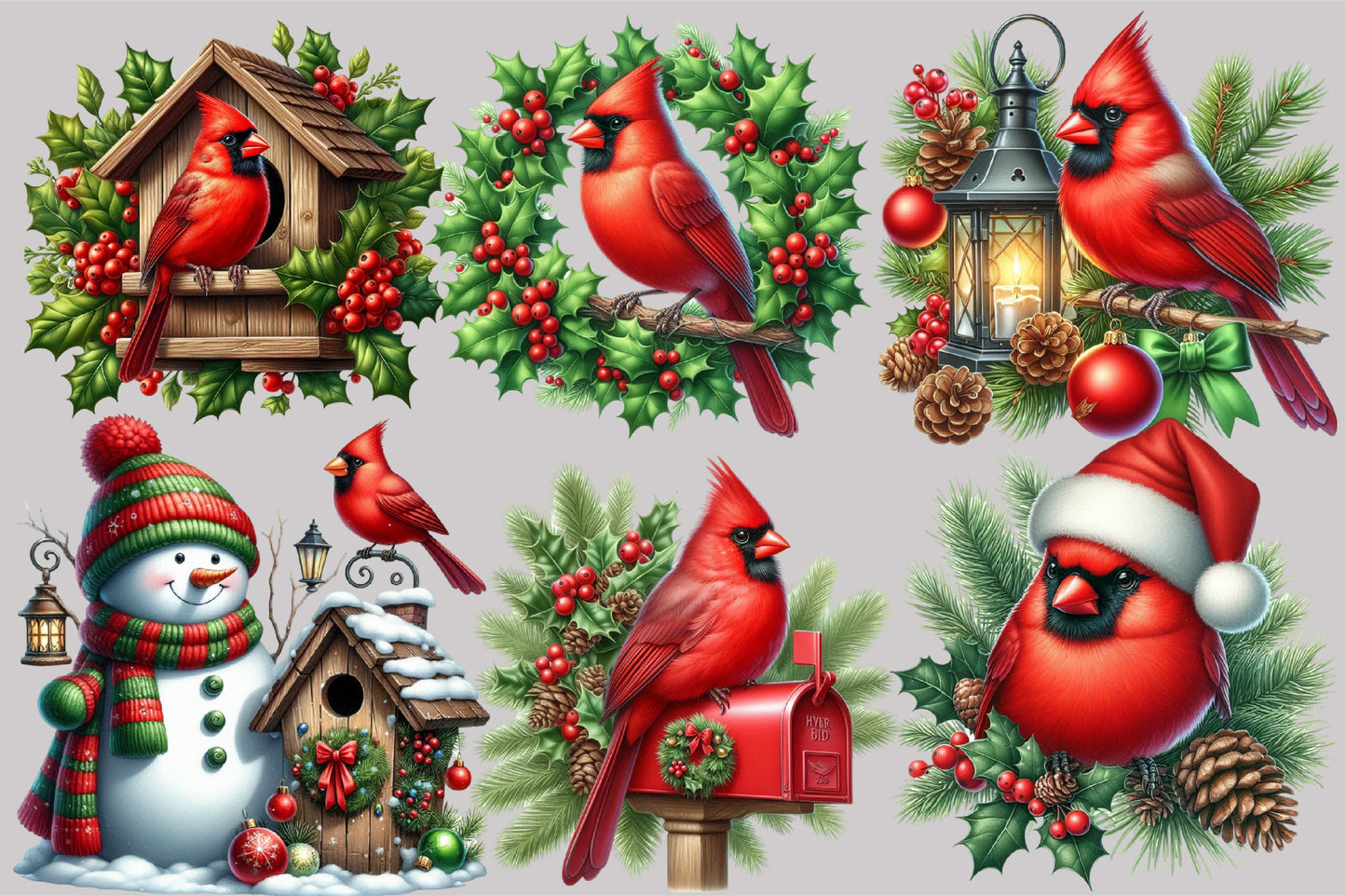 Watercolor Christmas Red Cardinal Clipart PNG Bundle | Winter Cardinal Birds & Holiday Decor