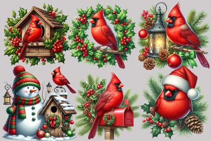 Watercolor Christmas Red Cardinal Clipart PNG Bundle | Winter Cardinal Birds & Holiday Decor