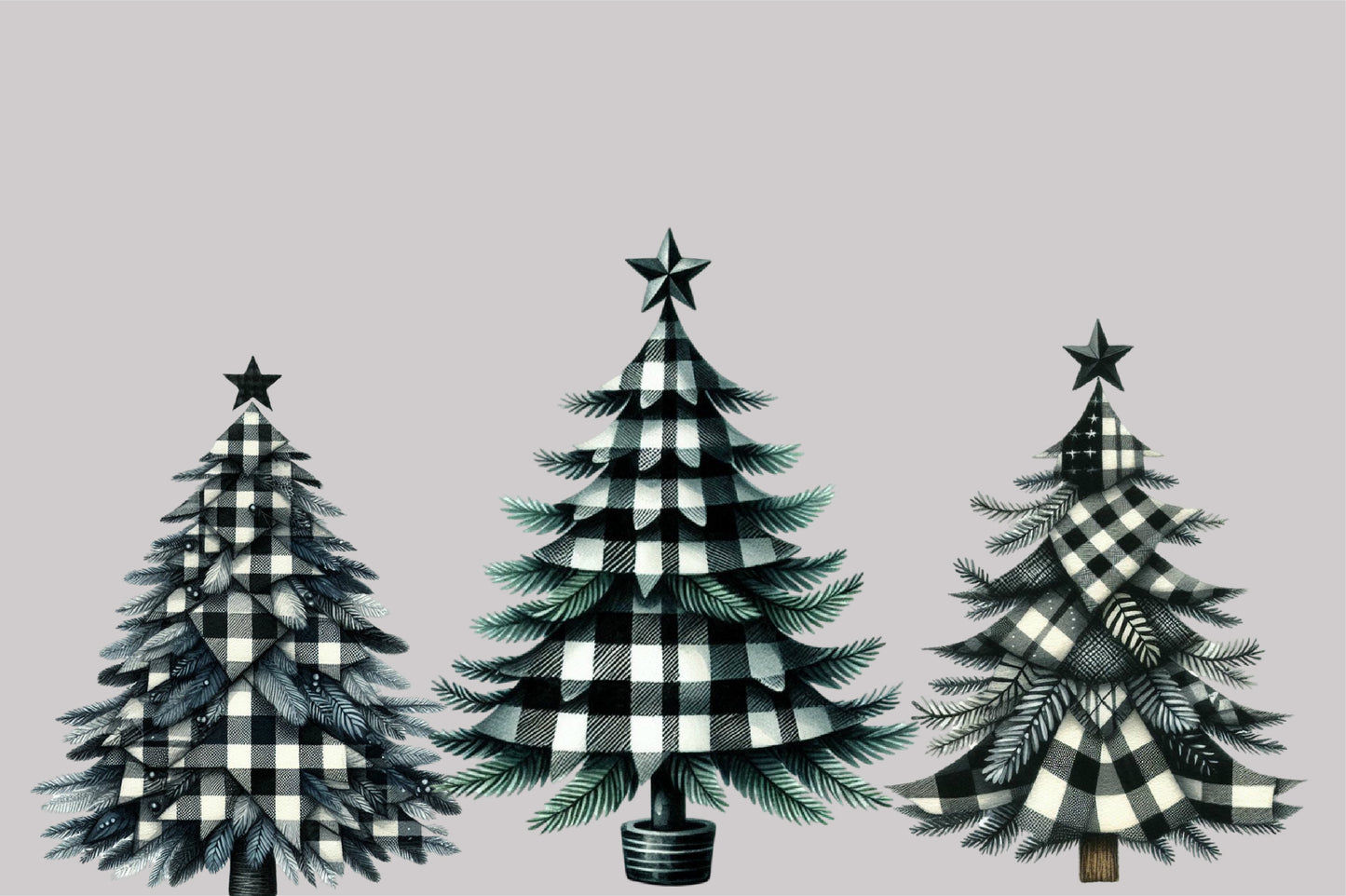 Black & White Plaid Christmas Tree Clipart PNG Bundle | Buffalo Check Christmas Trees, Farmhouse Holiday Trees
