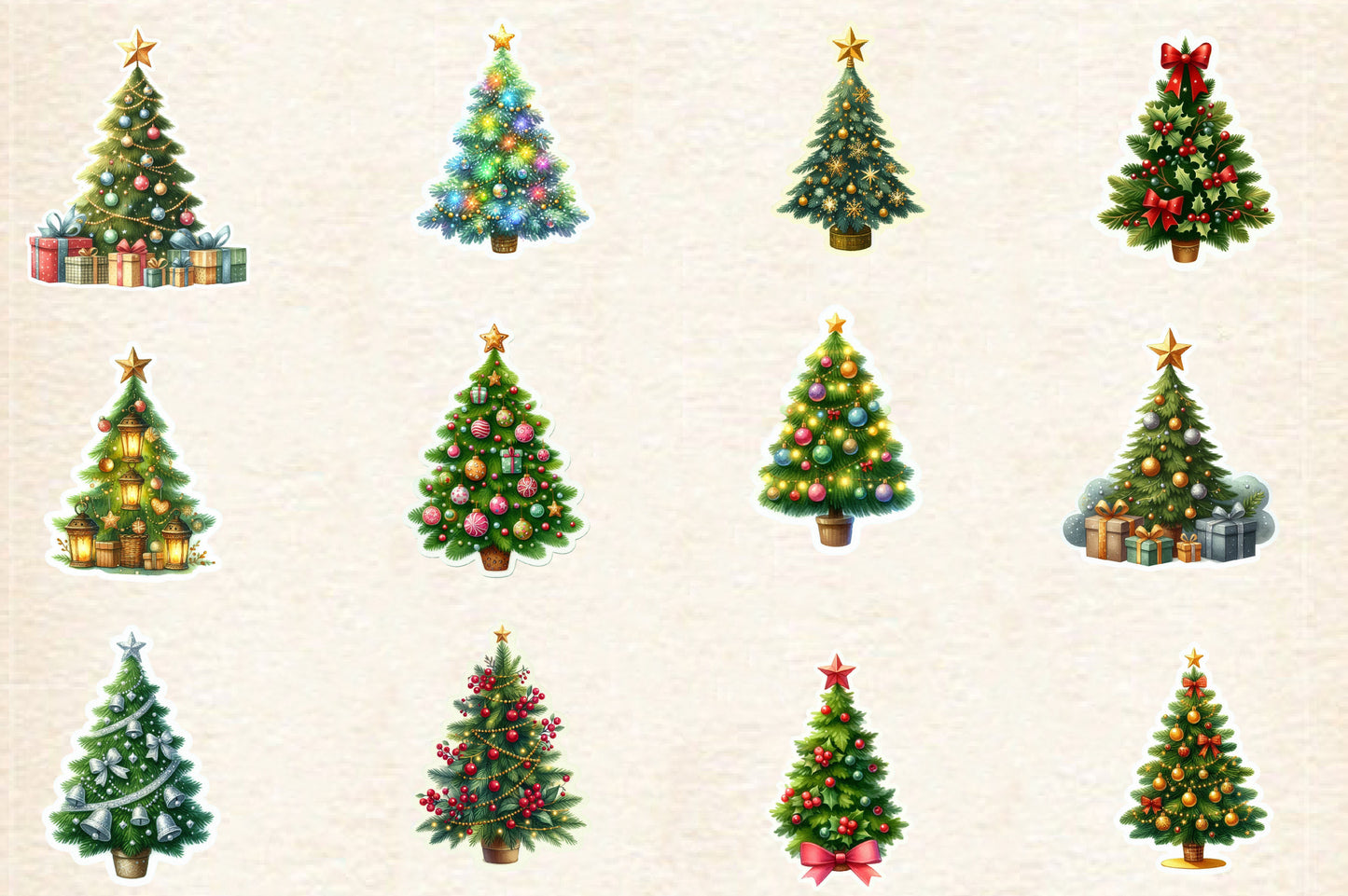 Christmas Tree Sticker Clipart PNG Bundle | Cute Watercolor Christmas Tree Sticker Clipart | Festive Holiday Sublimation PNG