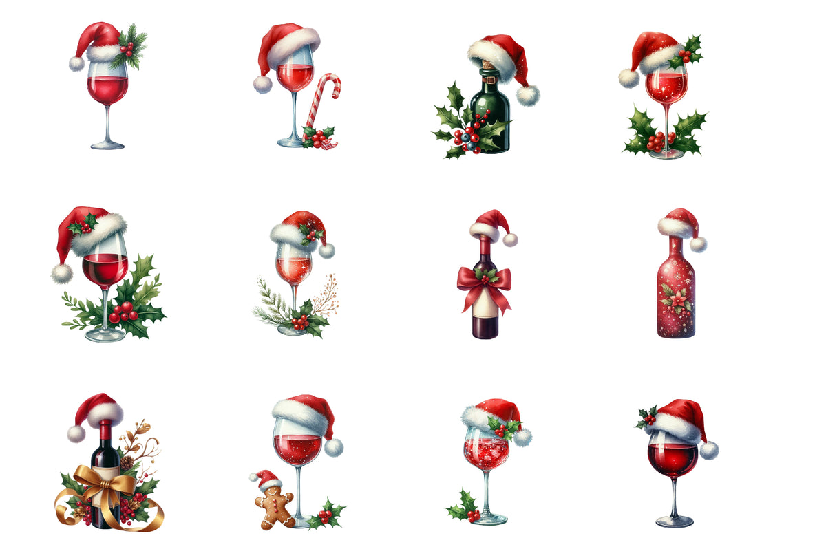 Christmas Red Wine Clipart PNG Bundle | Watercolor Festive Red Wine Clipart | Holiday Wine Glass Sublimation PNG