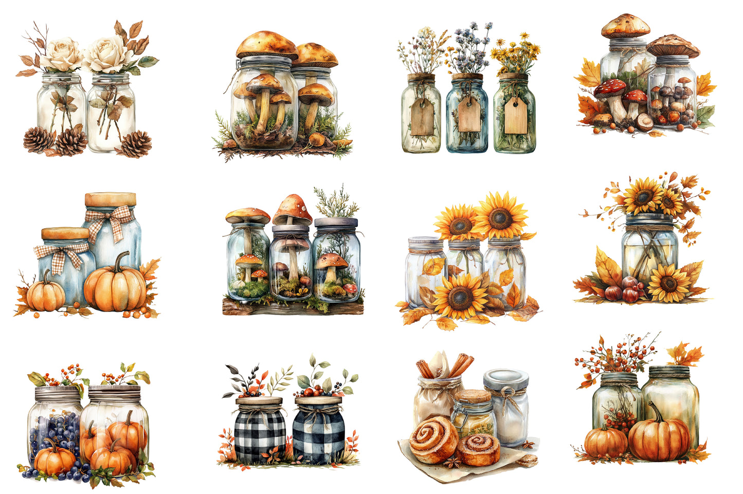 Fall Mason Jars PNG Bundle | Autumn Mason Jar Clipart, Farmhouse Fall Flowers, Sunflower PNG