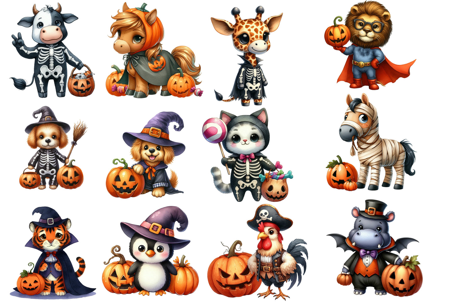 Halloween Animals Clipart PNG Bundle | Cute Spooky Animal PNG, Halloween Animal Clipart