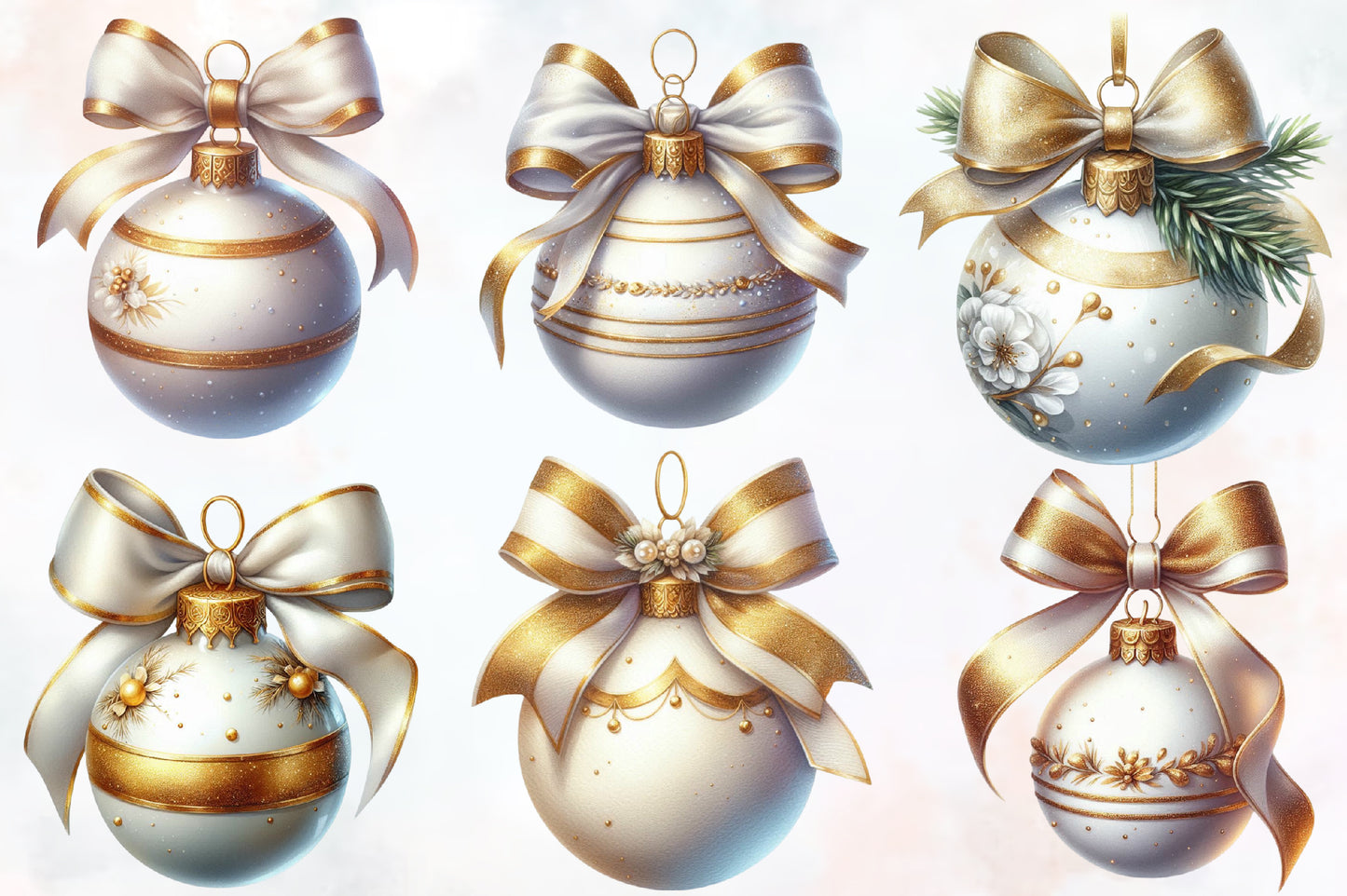 Watercolor Christmas Ornament Clipart PNG Bundle | Elegant Gold & Blue Baubles