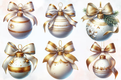 Watercolor Christmas Ornament Clipart PNG Bundle | Elegant Gold & Blue Baubles