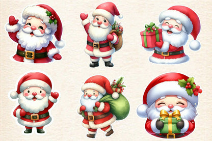 Christmas Santa Claus Sticker Clipart PNG Bundle | Cute Watercolor Santa Sticker Clipart | Holiday Santa Sublimation PNG