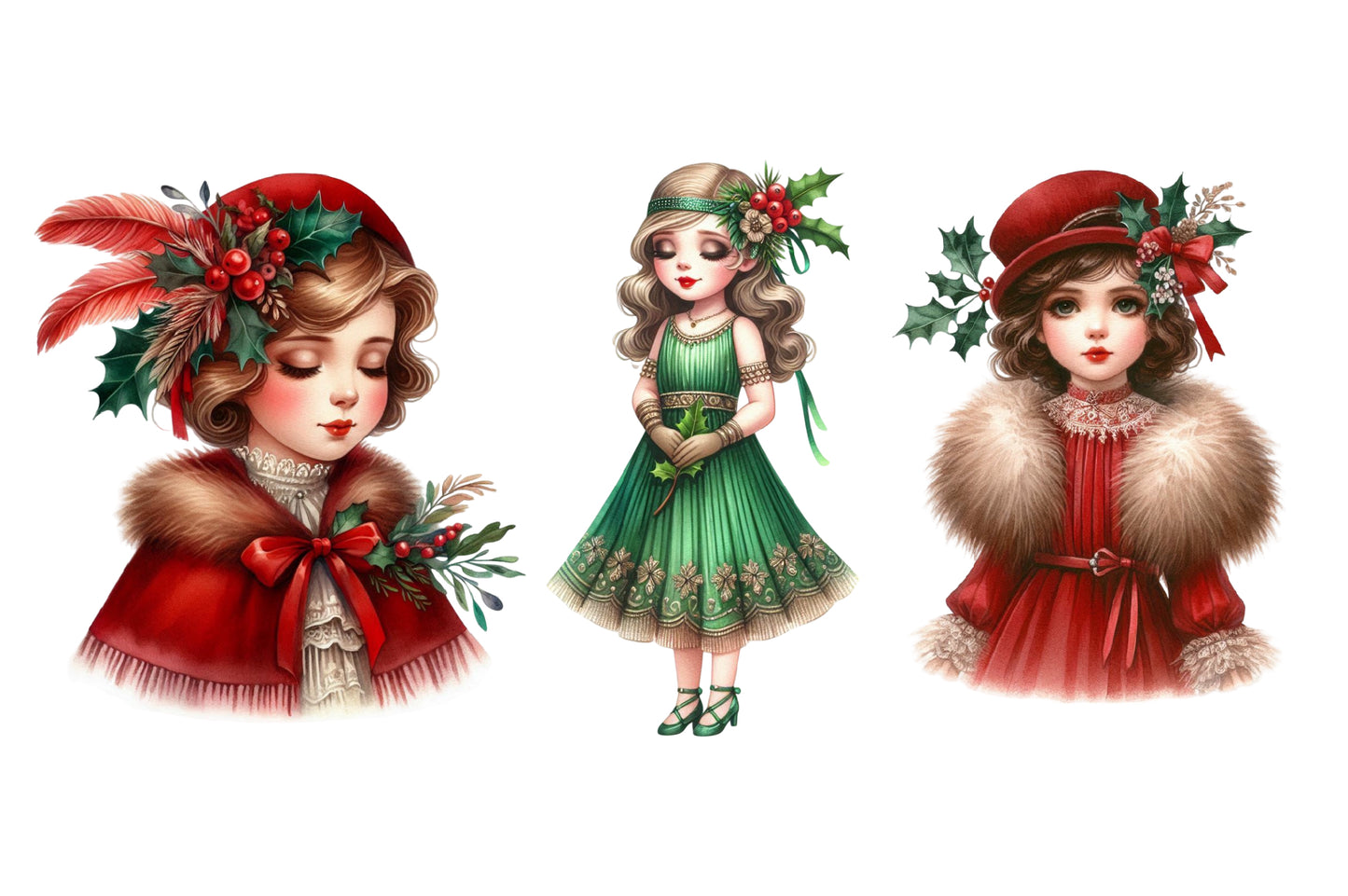 1920 Coquette Christmas Girls Clipart PNG Bundle | Cute Watercolor Pink Holiday Girls Clipart | Coquette Winter Girl PNG