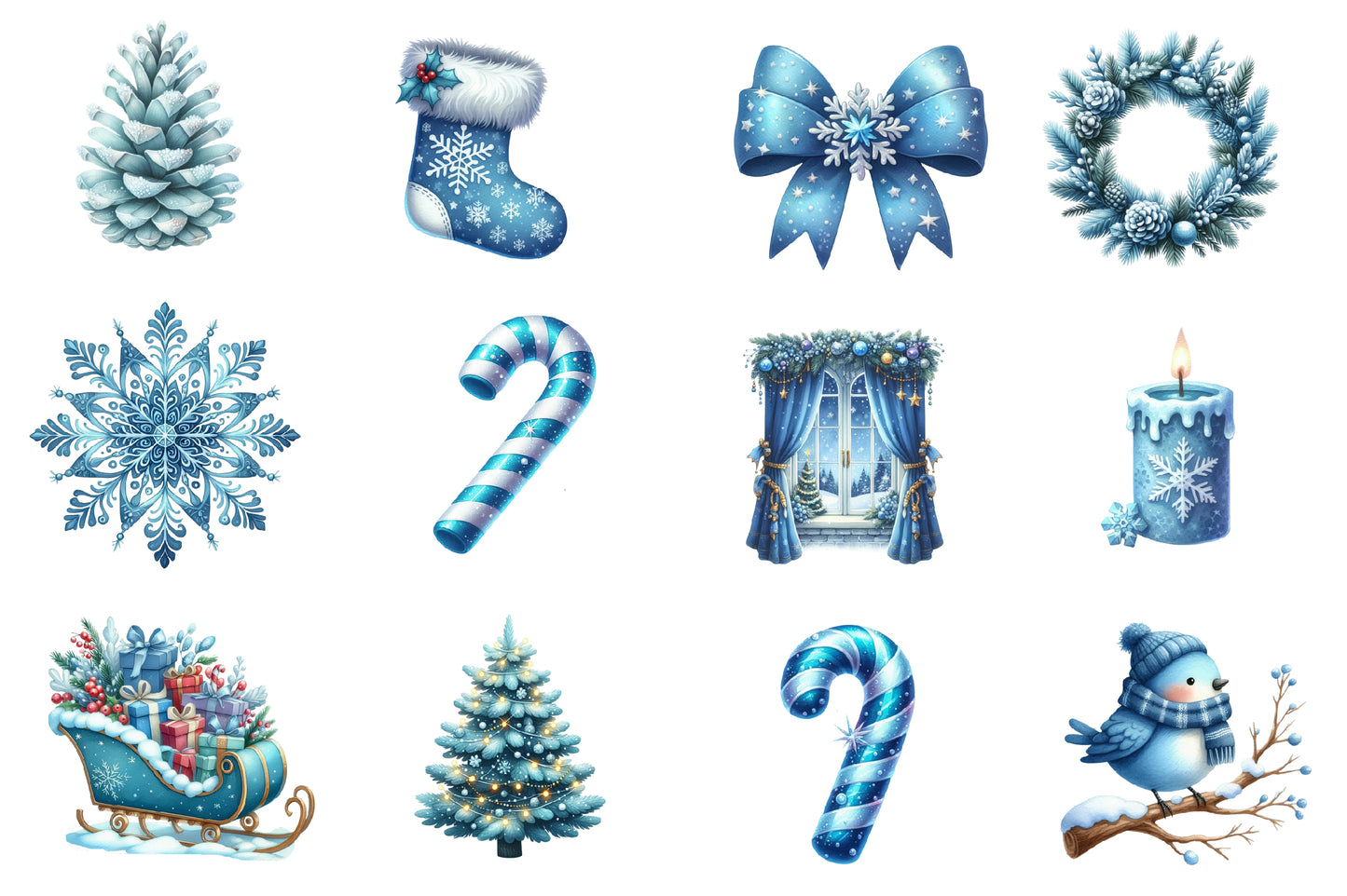 Blue Christmas Clipart Sublimation PNG Bundle | Watercolor Winter Holiday Clipart | Icy Blue Christmas Sublimation PNG