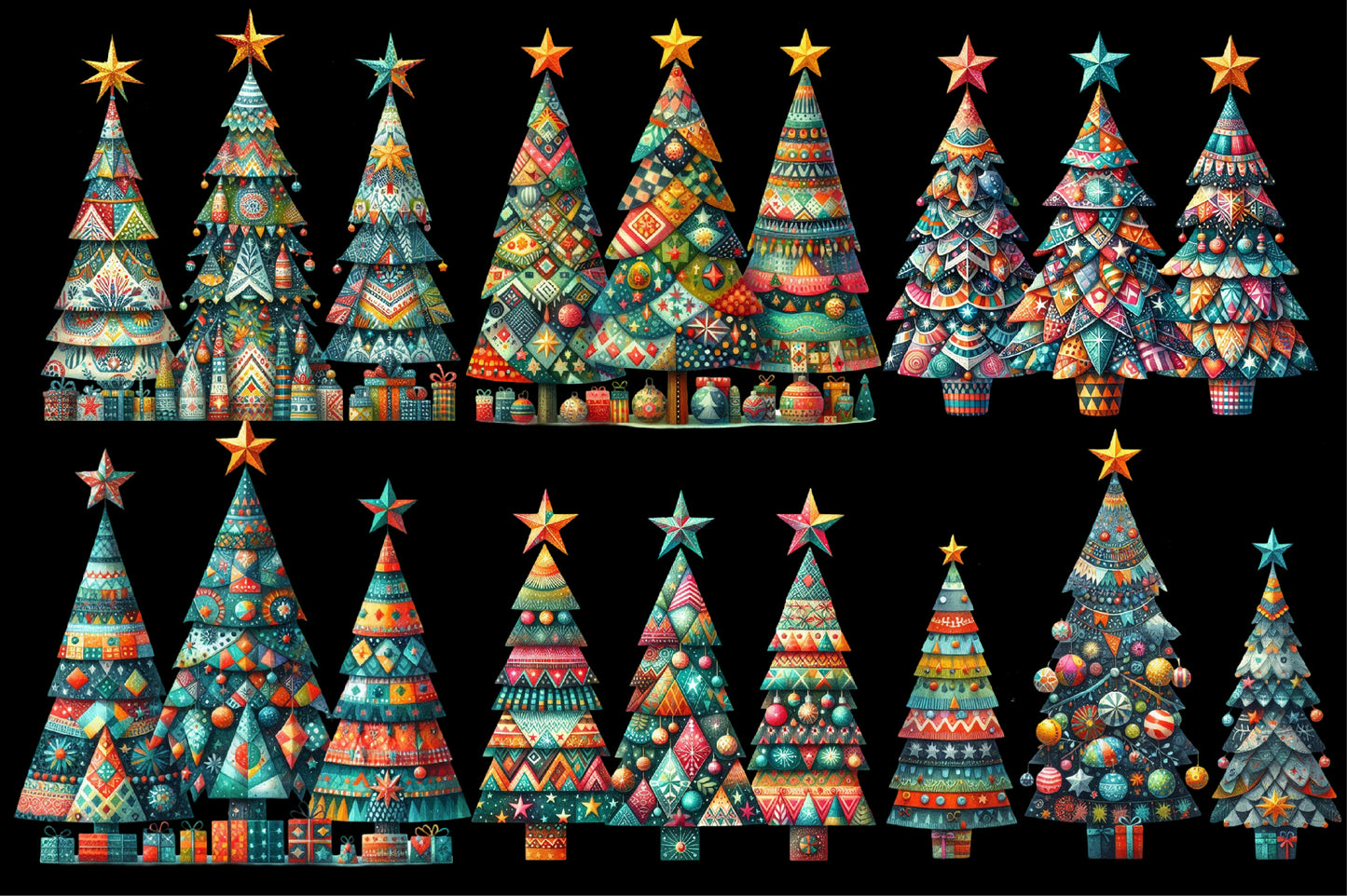 Watercolor Cute Christmas Tree Clipart PNG Bundle | Colorful Holiday Christmas Tree, Ornament & Festive Tree Designs