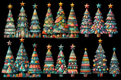 Watercolor Cute Christmas Tree Clipart PNG Bundle | Colorful Holiday Christmas Tree, Ornament & Festive Tree Designs