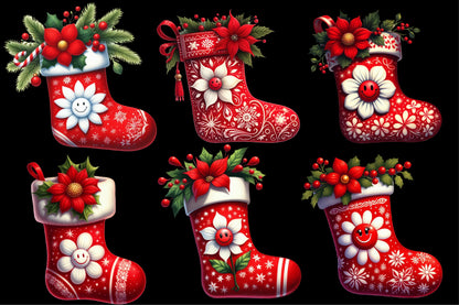 Watercolor Christmas Stocking Clipart PNG Bundle | Plaid Holiday Stocking & Festive Christmas Designs