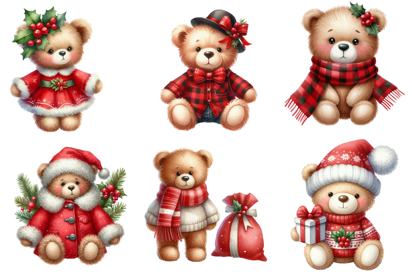 Christmas Bears Clipart PNG Bundle | Watercolor Cute Christmas Bear Clipart | Festive Holiday Bear PNG