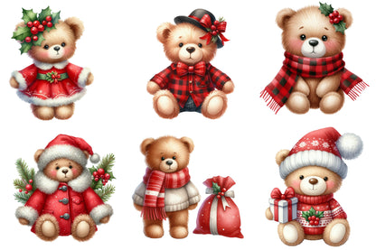 Christmas Bears Clipart PNG Bundle | Watercolor Cute Christmas Bear Clipart | Festive Holiday Bear PNG
