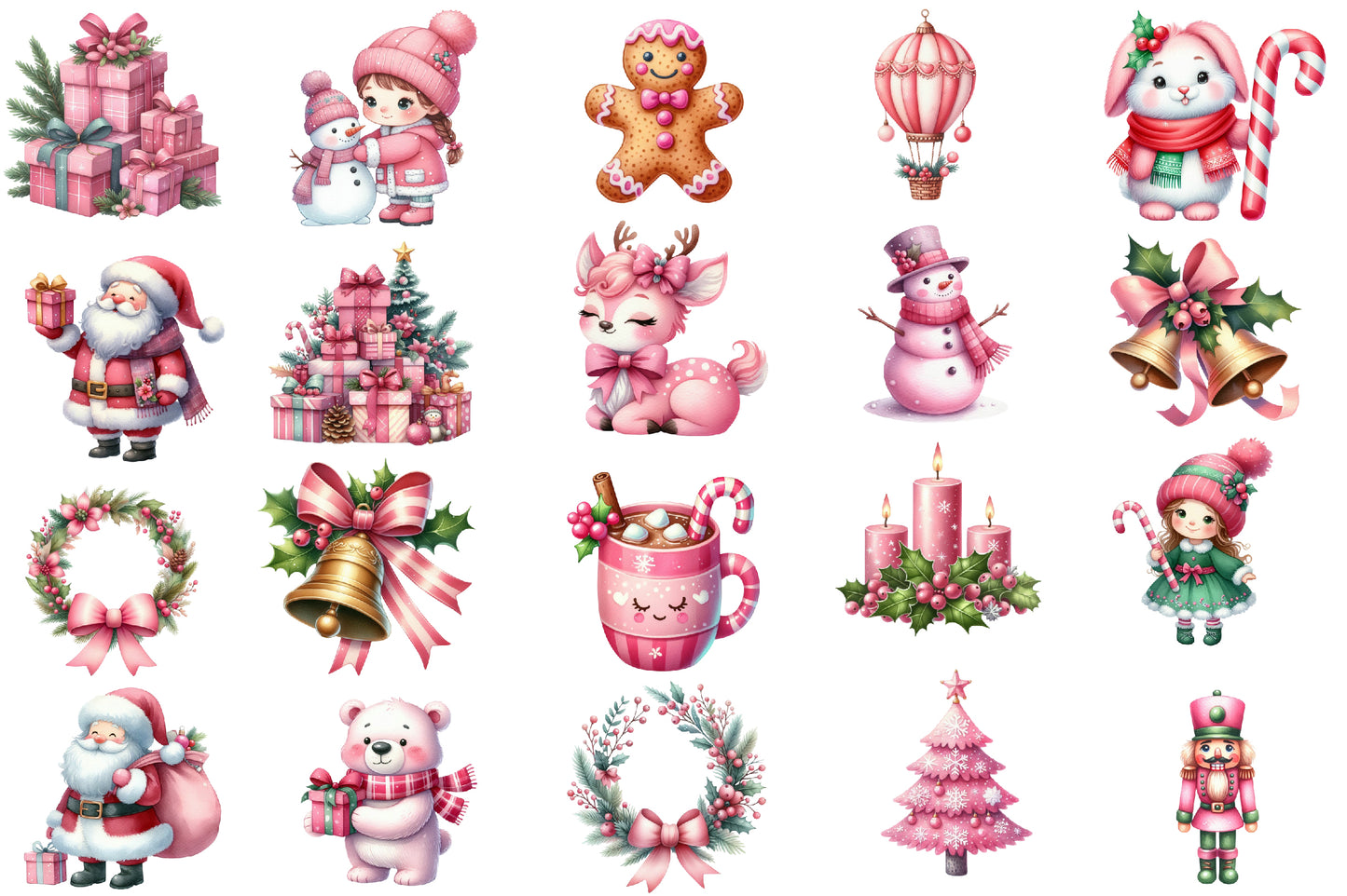 Pink Sweet Christmas Watercolor Clipart PNG Bundle | Cute Pink Christmas Clipart | Pink Holiday Sublimation PNG