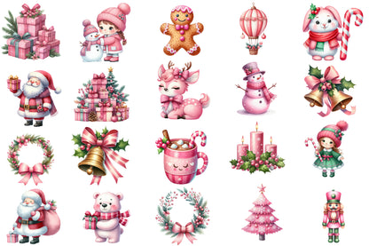 Pink Sweet Christmas Watercolor Clipart PNG Bundle | Cute Pink Christmas Clipart | Pink Holiday Sublimation PNG