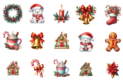 Happy Christmas Watercolor Clipart PNG Bundle | Cute Christmas Holiday Clipart | Festive Christmas Sublimation PNG