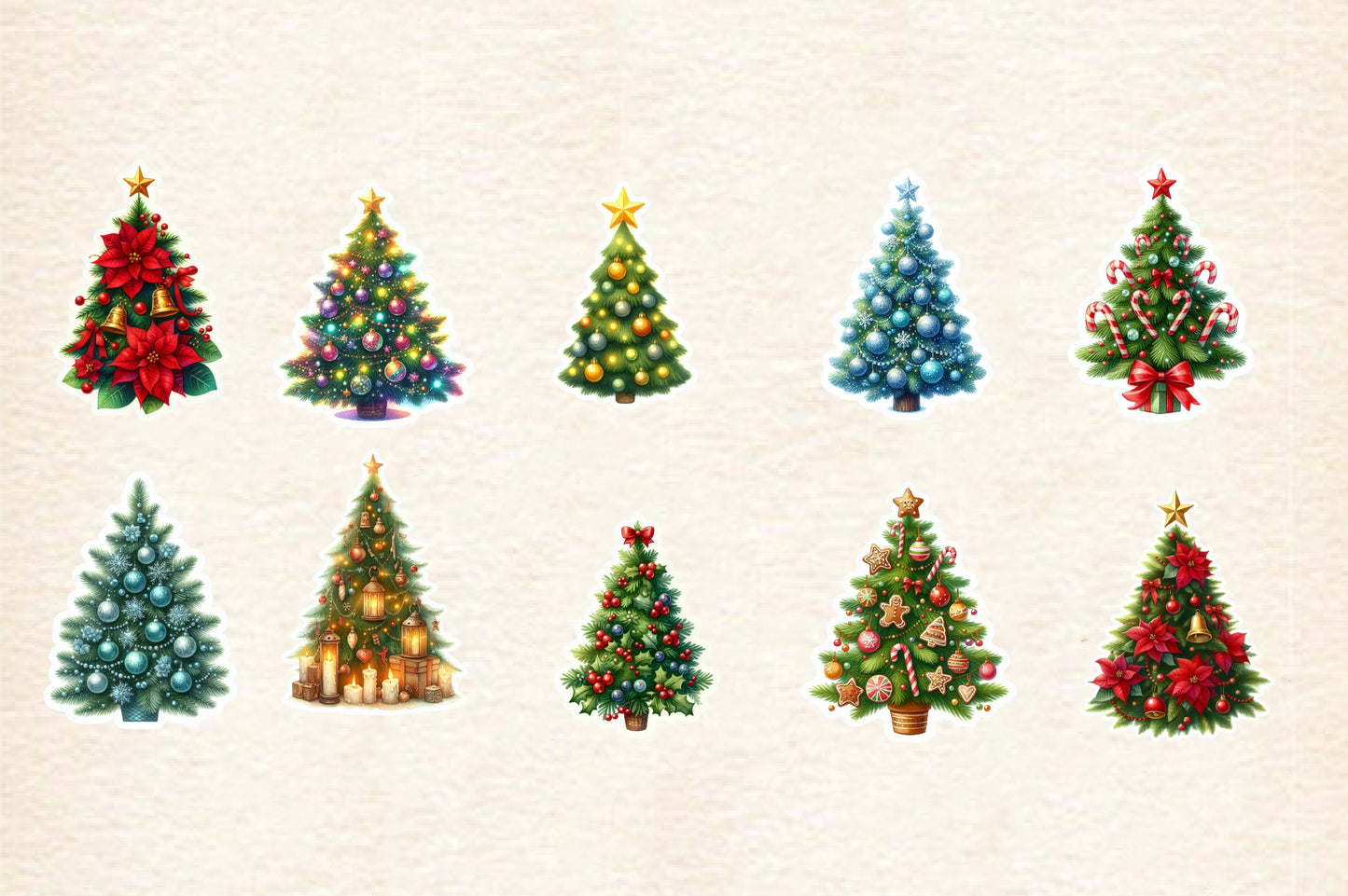 Christmas Tree Sticker Clipart PNG Bundle | Cute Watercolor Christmas Tree Sticker Clipart | Festive Holiday Sublimation PNG