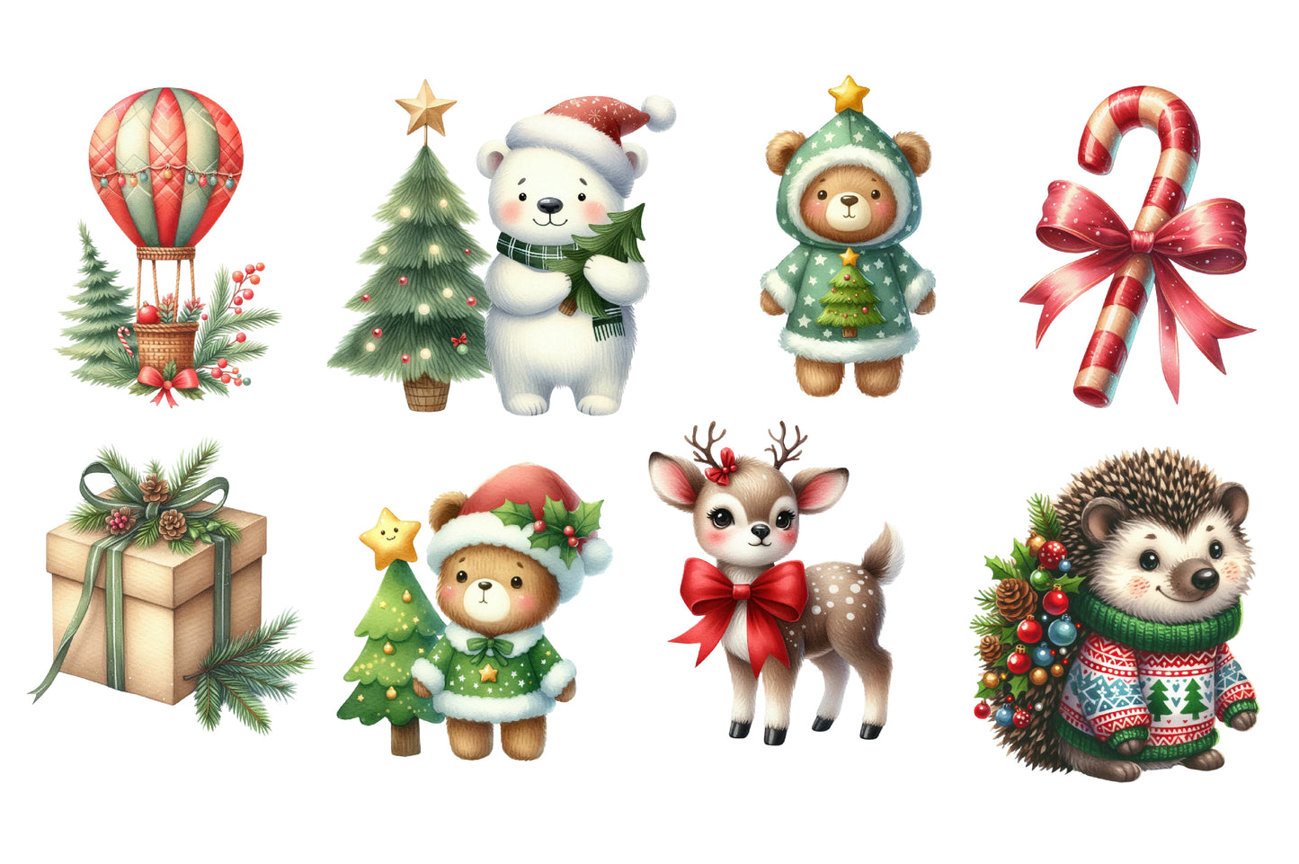 Christmas Watercolor Clipart Set PNG Bundle | Cute Holiday Christmas Watercolor Clipart | Festive Sublimation PNG