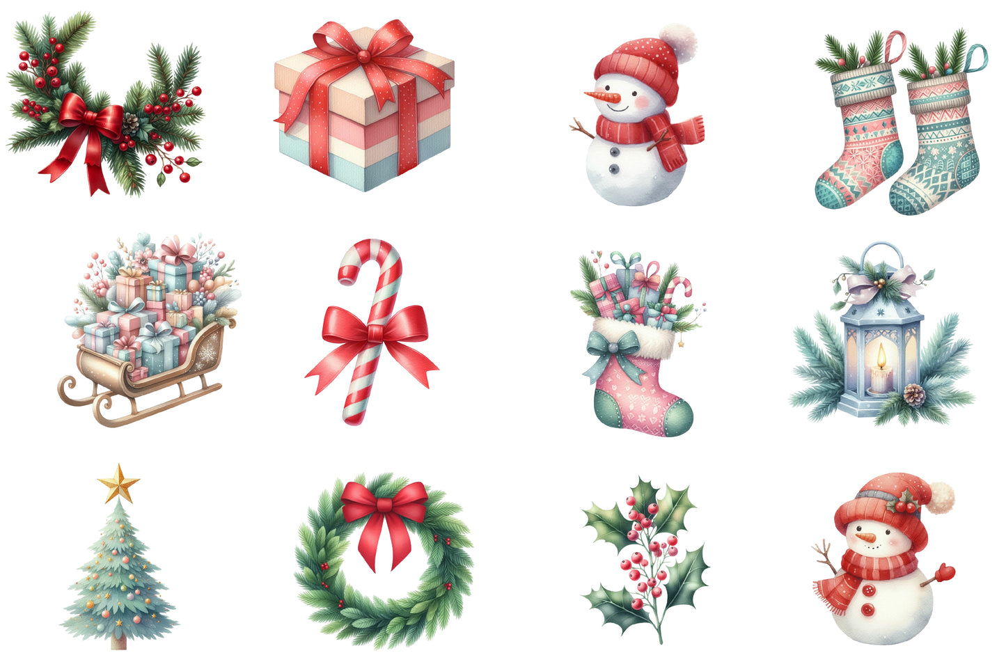 Merry Christmas Clipart PNG Bundle | Christmas Watercolor Clipart | Winter Christmas Trees & Holiday Elements
