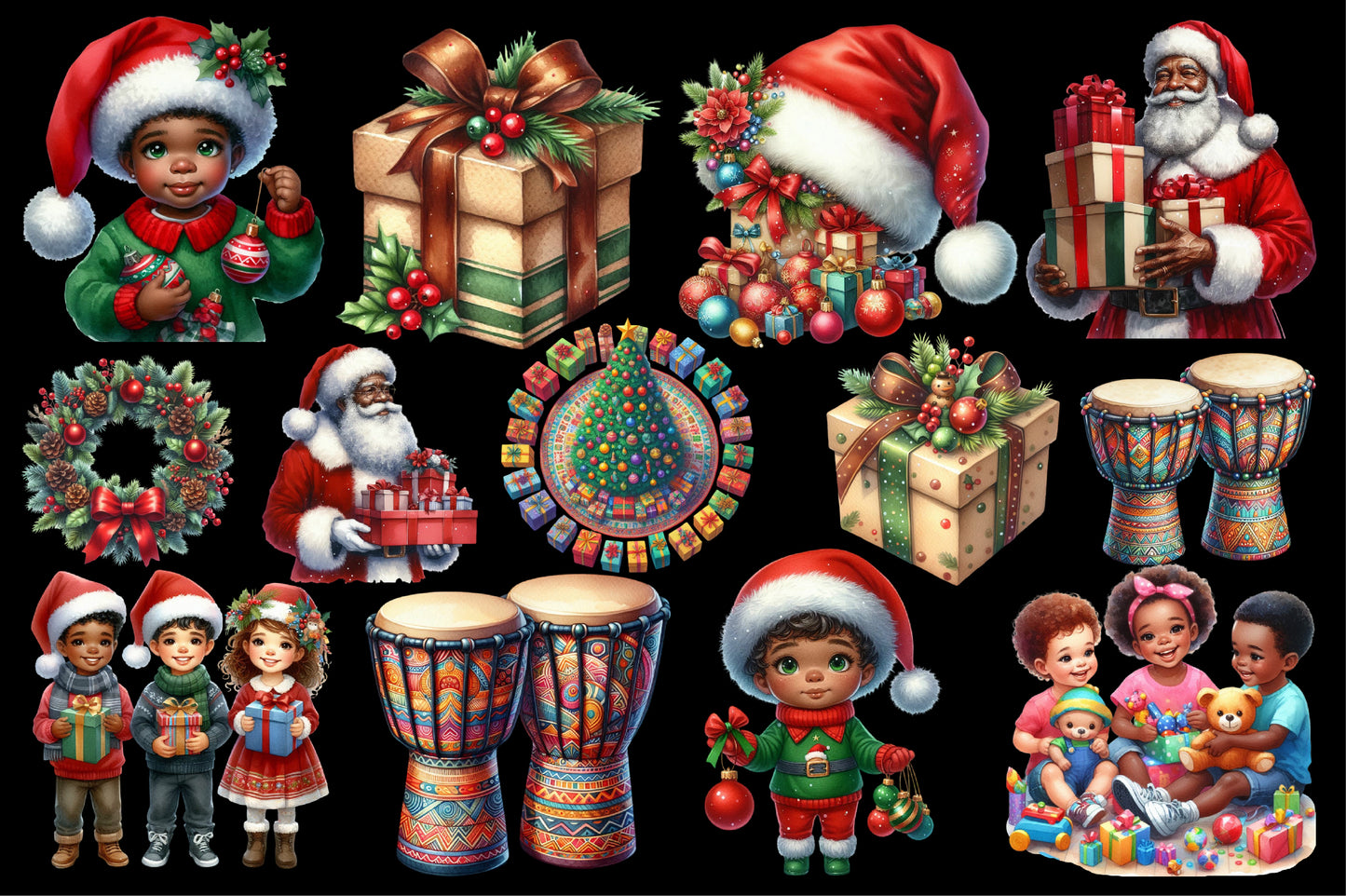 African American Christmas Clipart PNG Bundle | Black Santa, Christmas Kids, Gifts, Drums & Holiday Designs