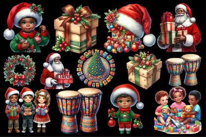 African American Christmas Clipart PNG Bundle | Black Santa, Christmas Kids, Gifts, Drums & Holiday Designs