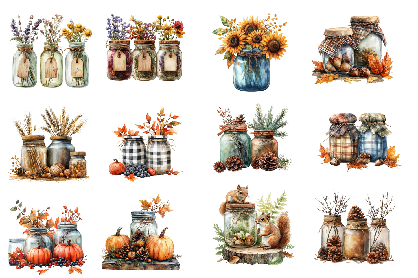 Fall Mason Jars PNG Bundle | Autumn Mason Jar Clipart, Farmhouse Fall Flowers, Sunflower PNG