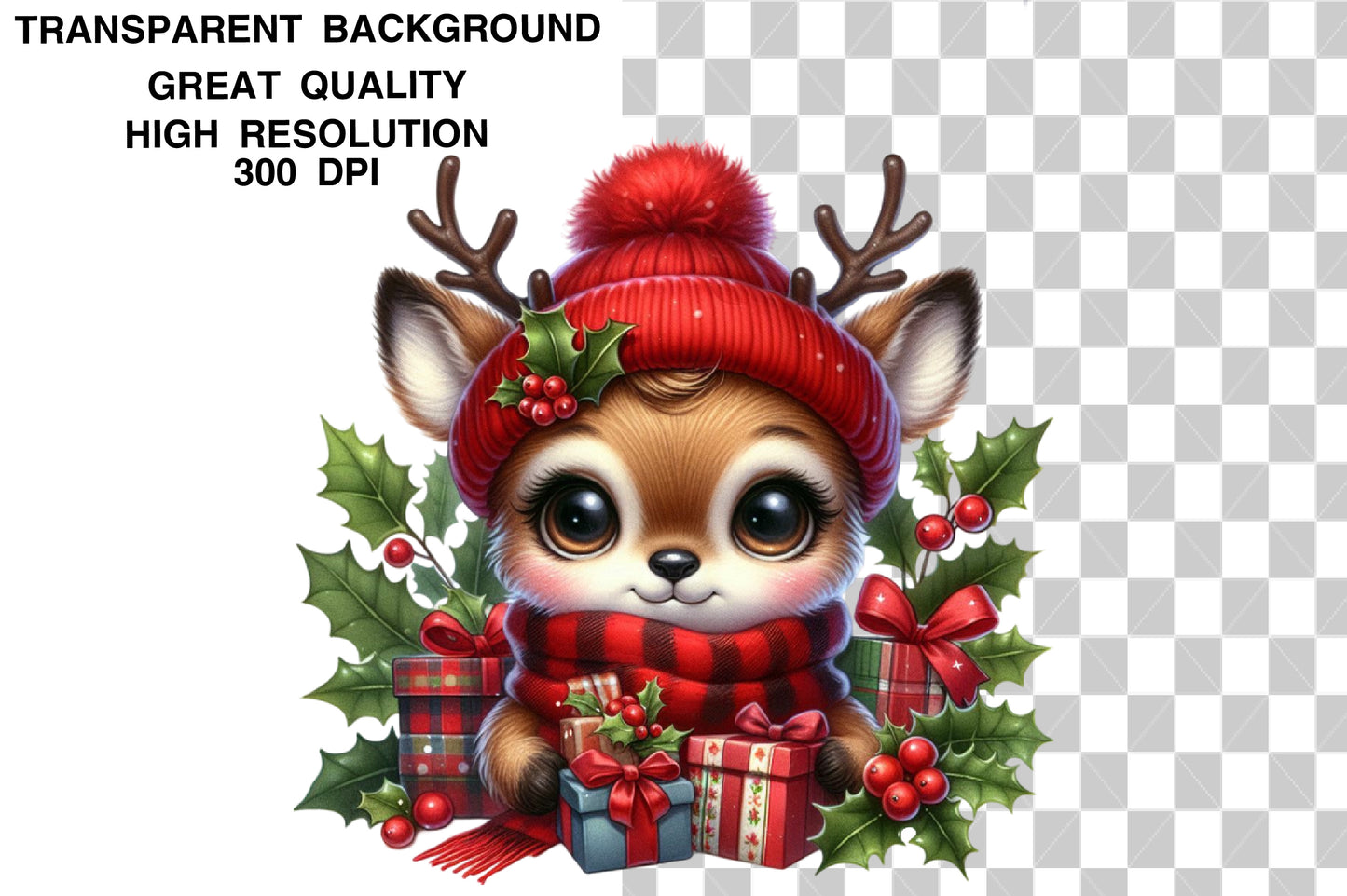 Watercolor Christmas Winter Deer Clipart PNG Bundle | Cute Reindeer Deer Holiday Designs
