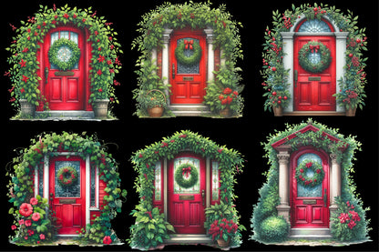 Watercolor Christmas Door Clipart PNG Bundle | Red Christmas Door & Holiday Wreath