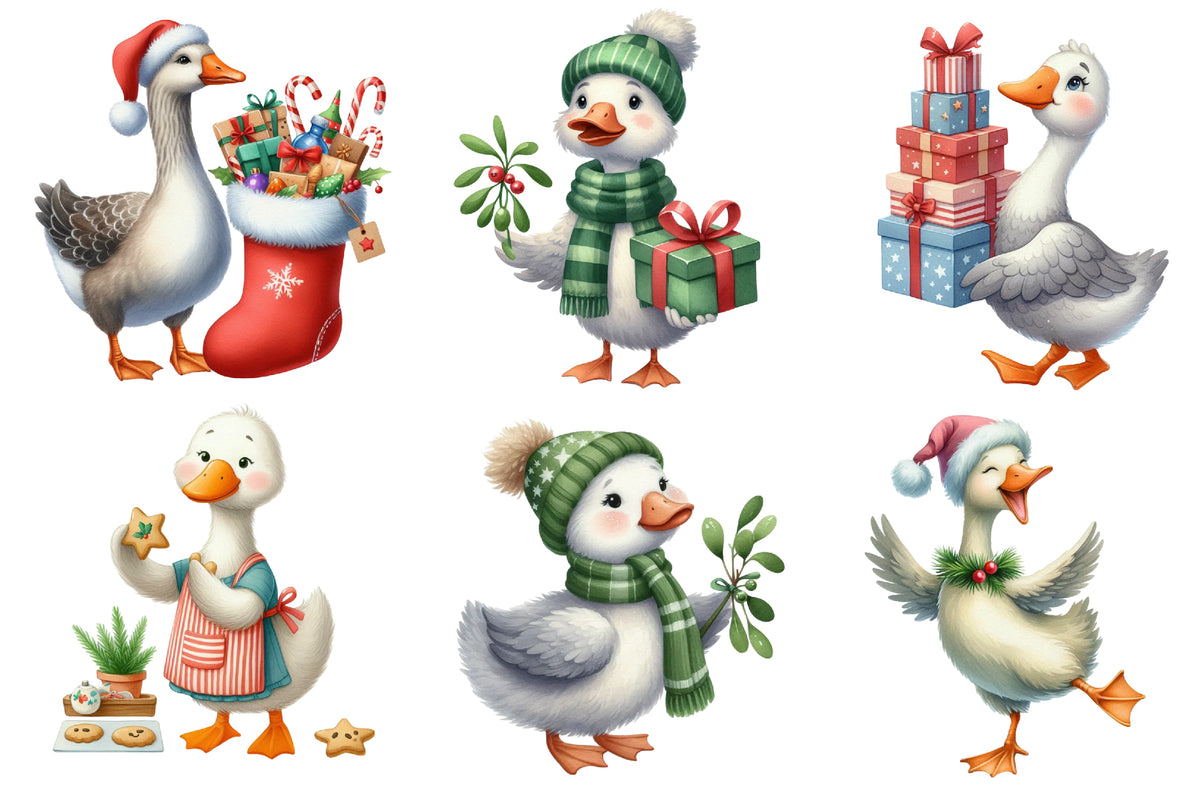 Christmas Silly Goose Clipart Bundle | Cute Watercolor Christmas Goose PNG | Funny Holiday Goose Sublimation Clipart