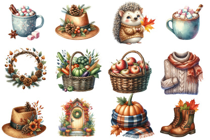 Cozy Fall Autumn Watercolor Clipart PNG Bundle | Fall Clipart, Thanksgiving PNG