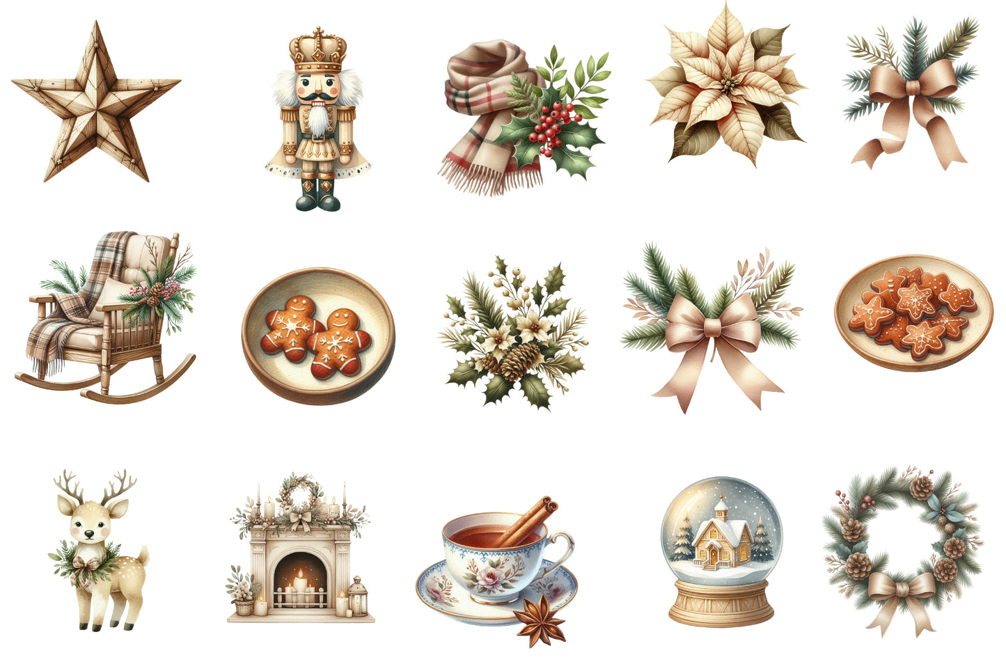 Beige Christmas Clipart PNG Bundle | Neutral Watercolor Christmas Clipart | Elegant Boho Holiday PNG