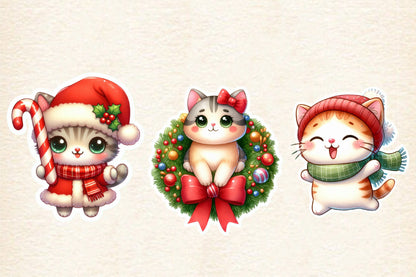 Christmas Cat Sticker Clipart PNG Bundle | Watercolor Cute Christmas Cat Stickers | Holiday Cat Sublimation PNG