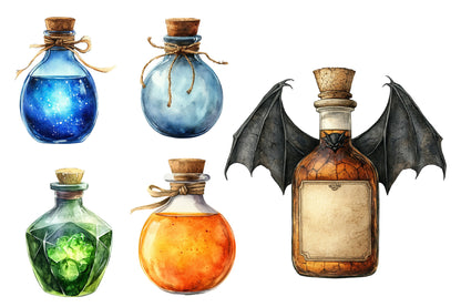 Vintage Halloween Potions Clipart PNG Bundle | Retro Potion Bottles, Witch Elixirs, Apothecary Jars & Magical Halloween PNG