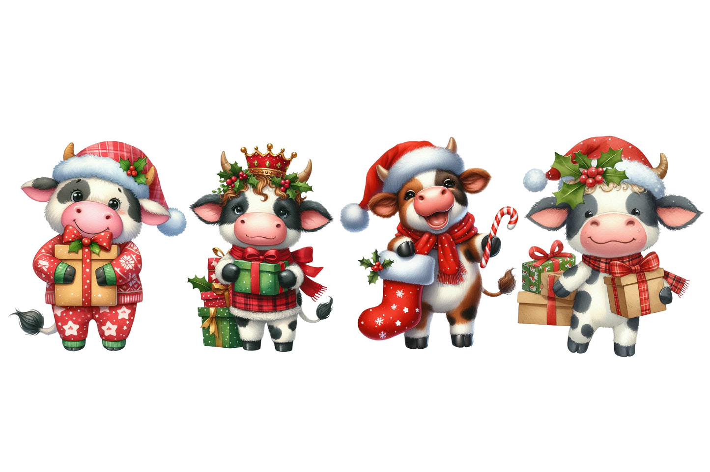 Christmas Funny Cow Clipart PNG Bundle | Watercolor Cute Funny Christmas Cow Clipart | Farmhouse Holiday Sublimation PNG