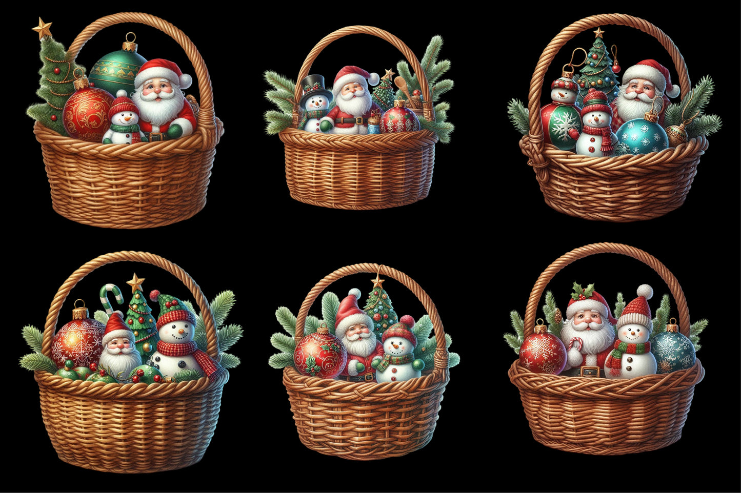 25 Watercolor Santa Claus Snowman Christmas Basket PNG Bundle