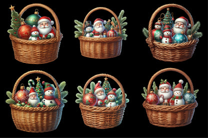 25 Watercolor Santa Claus Snowman Christmas Basket PNG Bundle