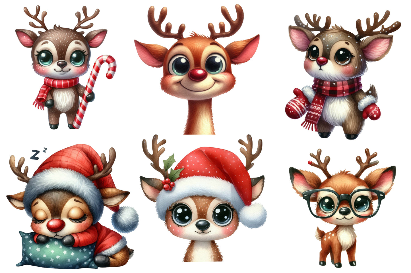 Christmas Funny Reindeer Clipart PNG Bundle | Watercolor Cute Funny Christmas Reindeer Clipart | Holiday Sublimation PNG